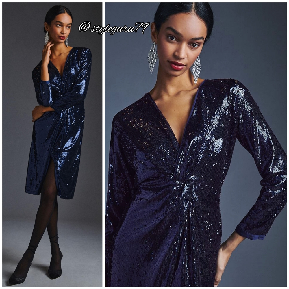 NWT, Anthropologie, TWIST-FRONT SEQUIN LONG SLEEVE DRESS in NAVY, US8